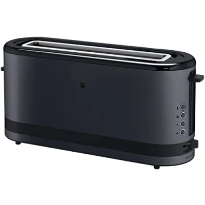 Imagen de WMF tostadora de ranura larga, 2 rebanadas con soporte para pan, estrecha, XXL, función bagel, 7 niveles tostado, 900 W, en acero inoxidable, mate, negro