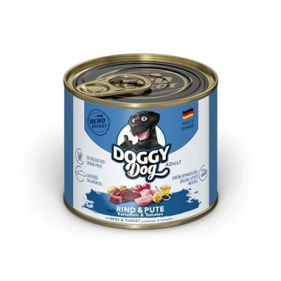 Imagen de DOGGY Dog Paté Rind &amp; Pavo, 6 x 200 g, Comida húmeda para Perros, sin Cereales, con Aceite de salmón y mejillón Labios Verdes, pienso Completo Patatas Tomate, Fabricado en Alemania