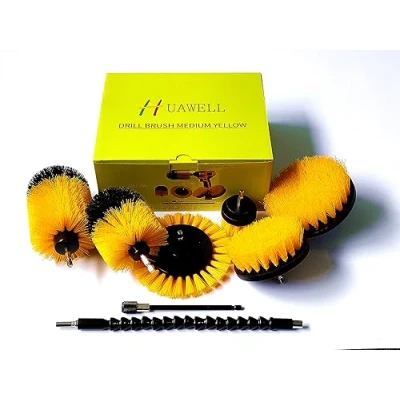 Imagen de HUAWELL Juego de 8 cepillos limpieza para taladro,juego accesorios largos extendidos,multiusos superficies baño,lechada,suelo,bañera,ducha, azulejos,cocina y coche(amarillo)(H783758 982
