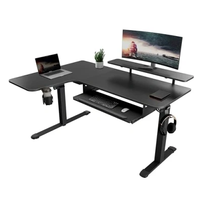 Imagen de EUREKA ERGONOMIC escritorio de altura regulable 155 x 110 cm, gran esquinero, regulable, mesa eléctrica para juegos, forma L con bandeja teclado, soporte monitor LED