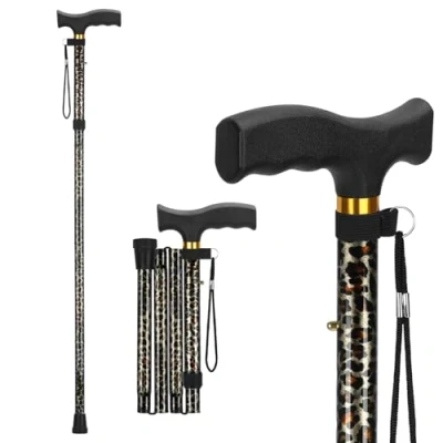 Imagen de supregear Bastón Plegable Altura Ajustable, Ligero y Portátil, Ayuda de Movilidad para Caminar con Estabilidad, Hombres Mujeres, Leopardo