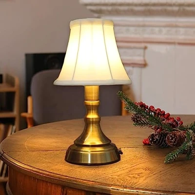 Imagen de ACMHNC Lámpara de Mesa LED Recargable Inalambrica,Lámpara Mesita Noche Sin Cable Con Control Tactil, Pantalla Tela,Retro Cabecera Dorado,Blanco Cálido,Para Mesilla,Restaurante