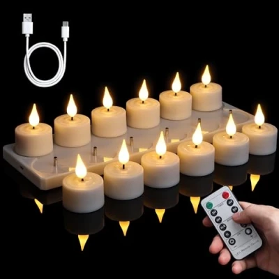 Imagen de FREEPOWER 12 velas LED recargables con estación de carga, mando a distancia y temporizador, eléctricas parpadeantes, luz blanca cálida, regulable, cable USB, diámetro 4 x 5,5