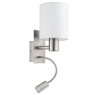 Imagen de Eglo lámpara LED de pared Pasteri, aplique textil con dos bombillas, materiaL acero, textil, color níquel mate, blanco, casquillo E27, incluye interruptor y luz lectura flexible