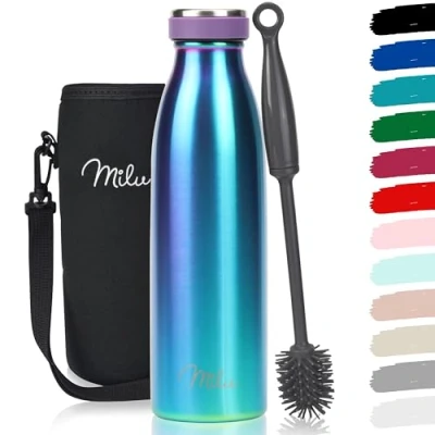Imagen de Milu botella de acero inoxidable 350ml 500ml 750 ml 1 L 1,5 agua aislada, termo a prueba fugas, doble pared, apta para ácido carbónico + cepillo limpieza (Aurora, 500ml)