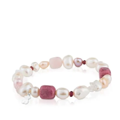 Imagen de TOUS Pulsera de Perlas, Granate, Rodonita y Cuarzo para Mujer con Motivo Oso en Plata Primera Ley, 17,5 cm Largo, Elegante Clásica, Colección Pearl