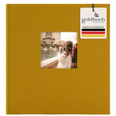 Imagen de goldbuch Álbum de fotos Bella Vista 27 320 con recorte mostaza, álbum recuerdos en formato 30 x 31 cm, 60 páginas blancas separadores pergamino, libro cubierta lino