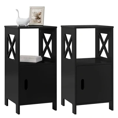 Imagen de WOLTU Mesita de Noche Negra, Juego 2, Mesilla Dormitorio para Almacenar, Auxiliar con Compartimento Abierto y Gabinete Puerta, Mesa Lateral Sofa o Cama, 30x30x60 cm