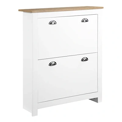 Imagen de HOMCOM Mueble Zapatero Estrecho Entrada Recibidor con 2 Cajones Abatibles Estantes Ajustables para 12 Pares de Zapatos Pasillo 79x23x90,5 cm Blanco