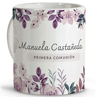 Imagen de LolaPix Taza personalizada comunion. Regalos comunión personalizados con nombre y texto. personalizad cerámica 330ml. PINK FLORAL
