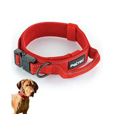 Imagen de PetTec collar de neopreno y nailon, con asa, acolchado suave (S XL), muy resistente e impermeable, ajustable, juego correa arrastre, color rojo