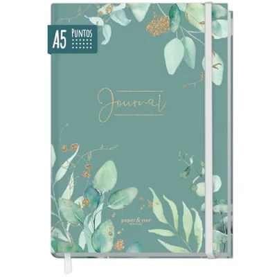 Imagen de paper&amp;you® Bullet Journal punteado A5 con banda elástica [Minty Leaves] 156 páginas cuaderno punteado, diario sostenible &amp; climaticamente neutro