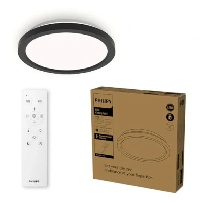 Imagen de Philips LED luz de techo con mando a distancia, redonda, 30 cm, regulable, blanca sintonizable, salón, dormitorio, sin parpadeo ni deslumbramiento, diseño moderno, negro