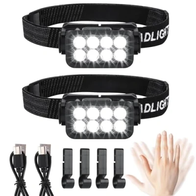 Imagen de linterna frontal LED recargable, 2 unidades, superbrillante, 2500 lúmenes, 5 modos de luz, peso ligero IPX6, resistente al agua, sensor, para exteriores, camping, correr, pesca