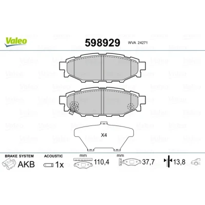 Imagen de VALEO 598929 Juego de pastillas freno Eje trasero con contacto avisador desgaste Chapa antichirridos SUBARU: Outback IV, XV I, Forester IV