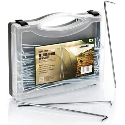 Imagen de com four® piquetas de Acero 72x con Caja para Guardar Suelo largas y robustas Acampar al Aire Libre Ideales Normal Ø 4 mm