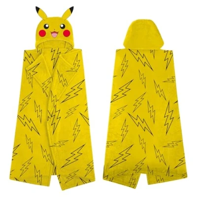 Imagen de Character World manta de forro polar con capucha oficial Pokémon, amarilla cálida súper suave, diseño cabeza Pikachu 3D, perfecta para el hogar, dormitorio, fiestas pijamas y