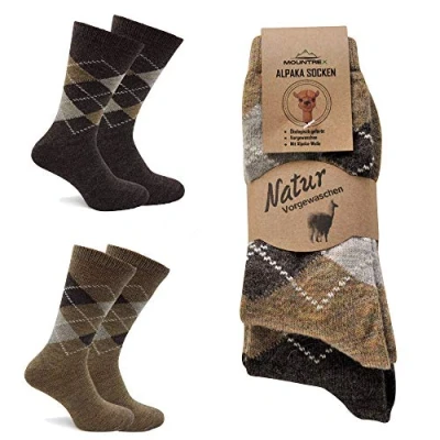 Imagen de MOUNTREX® calcetines de alpaca, lana para hombre y mujer, invierno, cálidos, térmicos, finos, peluche, 2 pares, Beige/Marrón Cuadros,