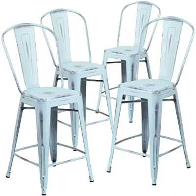 Imagen de Flash Furniture Paquete de 4 taburetes Metal Envejecido 24 Pulgadas Alto Rendimiento para Interiores y Exteriores con Respaldo, Verde Azul, Juego