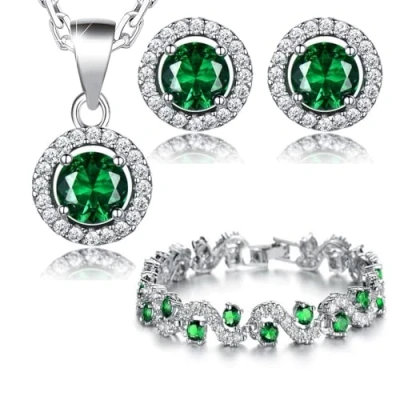 Imagen de Crystalline Azuria Mujer 18ct Chapado en Oro Blanco Redondo Esmeralda simulada Verde Cristales de Zirconia Juego joyas Collar con Colgante Pendientes Pulsera