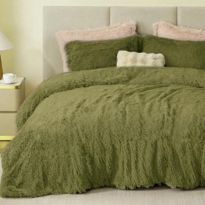 Imagen de Sacebeleu Ropa de Cama Invierno 135 x 200 cm Felpa Pelo Largo Franela mullida, Funda nórdica Verde Aguacate cálido y 1 Almohada 80 con Cremallera