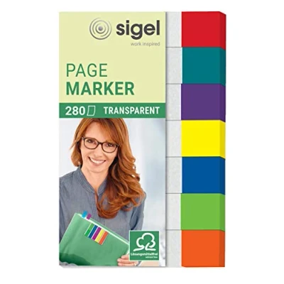 Imagen de SIGEL HN677 Marcapáginas, cinta de filme transparente y adhesivos, funda 280 tiras 50 x 12 mm, 7 colores