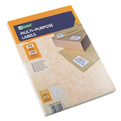 Imagen de D.RECT etiquetas adhesivas universales (70x37mm en A4) Autoadhesivas imprimibles 100 hojas Paquete de 24 Hoja 2400 piezas Blanco