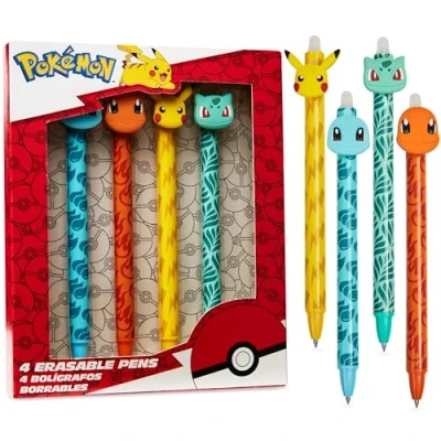Imagen de Pokémon Pack Bolígrafos Borrables 4 Unidades con Goma de Borrado Boli Azul Erasable Pen Pikachu Material Escolar Set Papeleria Regalo para Niños
