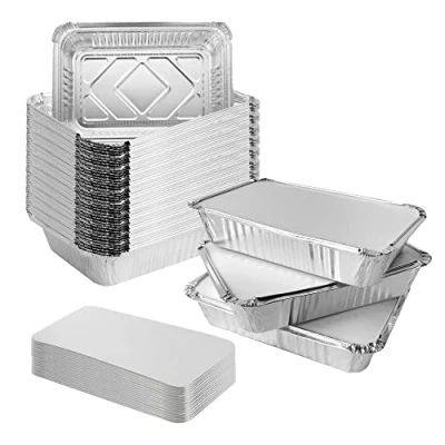 Imagen de AZKEEGREY 50 bandejas de papel aluminio con tapas, recipientes 1000 ml tapas para llevar, catering hogar