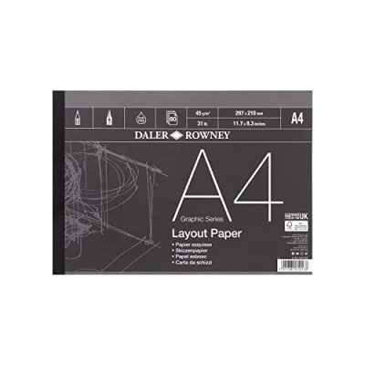 Imagen de Daler Rowney Graphic Series Bloc de Papel A4 45 g/m², Pegado en 1 Cara, 80 Hojas Blancas, Ideal para Artistas Profesionales y Estudiantes