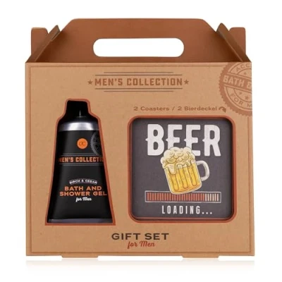Imagen de Accentra MEN&#039;S COLLECTION Set de regalo en caja papel kraft con asa, que incluye gel baño y ducha 60 ml, 2 posavasos cuadrados, aroma: abedul cedro marrón