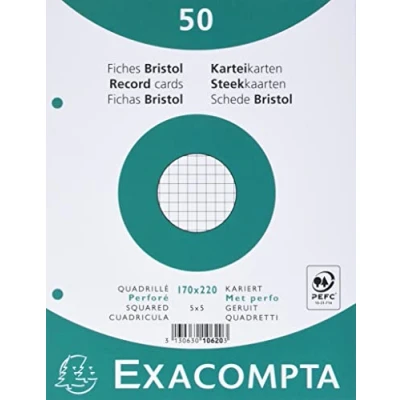 Imagen de Exacompta 10620E Pack de 50 fichas bristol rejilla perforada 5x5 en film compatibles con impresoras inkjet, láser y fotocopiadoras formato 170 x 220 mm color blanco