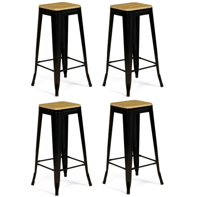 Imagen de Taburetes de bar apilables metal negro y madera x4