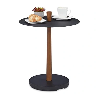 Imagen de Relaxdays Mesa Auxiliar, Acero, Madera, 56 x 45 cm, Mesita Salón Redonda, Mesilla Metal Industrial, Negro/Marrón