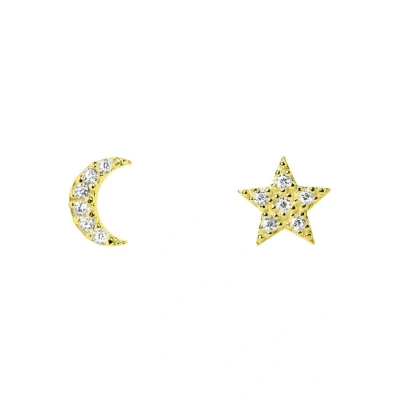 Imagen de SINGULARU Pendientes Moon &amp; Star. Plata de Ley 925 con Acabado Baño Oro 18 Kt. Cierre Tuerca a Presión. Joyas para Mujer