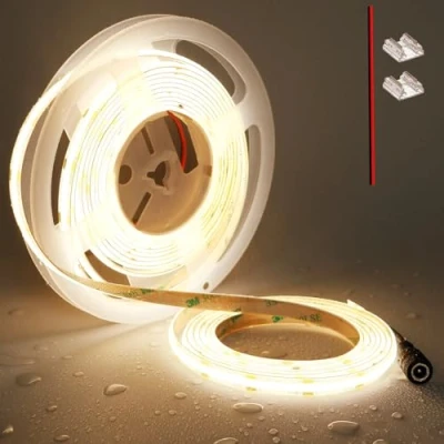 Imagen de TOPAI Tira LED COB 12V Blanco Cálido Exterior Impermeable IP65, de 5M 3000K Adhesiva, CRI&gt;93, 480LED/M Brillo 4000Lm Cortable Flexible para Cocina, dormitorio, salón, iluminación