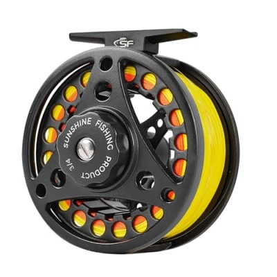 Imagen de SF Carrete de Pesca con Mosca Eje Grande 3/4 WT, Cuerpo aleación Aluminio Fundido a presión, precargado Negro Mate línea Amarilla Fluorescente