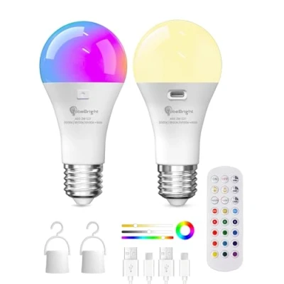 Imagen de TobeBright Bombillas Recargables USB Con Mando,Bombilla Inteligente E27,Bombillas RGB Cambio de Color, 9+3 Temperatura Regulable Bombilla Inalambrica Temporizador,Paquete 2