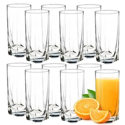 Imagen de KADAX vasos de cristal, juego 12 agua, jugo pared gruesa, estriados para bebidas, jugos, fiestas (juego unidades, 325 ml alto)