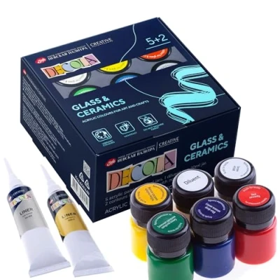Imagen de Decola Porcelain Paint Set Glass Stain 5 x 20 ml colores + 2 18 de contorno diluyente Alta cobertura en superficies oscuras y muy opaco por Nevskaya Palitra