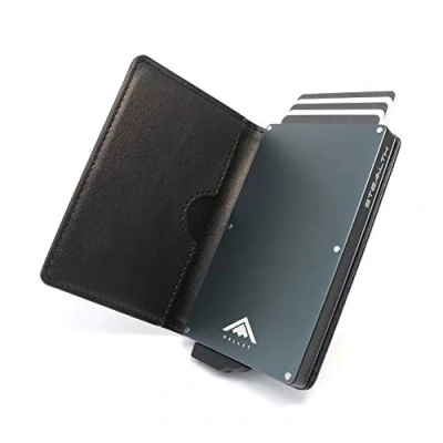 Imagen de Stealth Wallet Tarjetero Hombre con Protección RFID Cartera Pop Up y Caja de Regalo Porta Tarjetas Crédito Metal Delgado Ligero (Aluminio Gris, Cuero Negro)