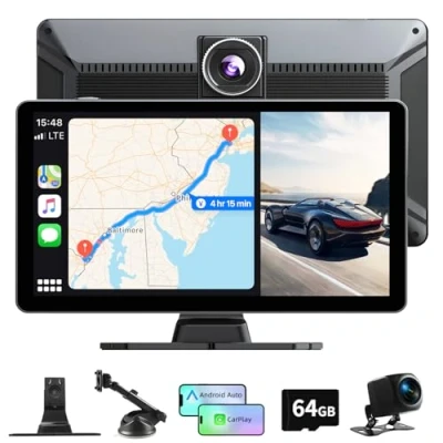 Imagen de Radio Coche Bluetooth de Apple Carplay Android Auto Inalambrico, 9 Pulgadas Pantalla con Dashcam 4K/Cámara Trasera HD 1080P,/FM/AUX/64G TF/Mirror Link/Control por Voz/Google/Siri/Navegación GPS