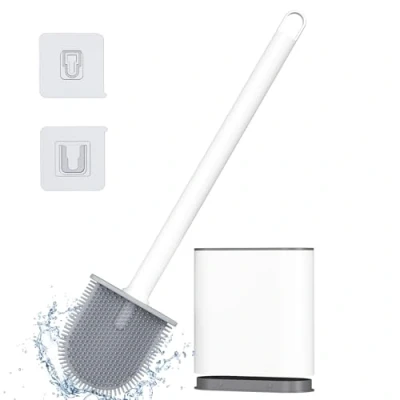 Imagen de Alyvisun Escobillas de baño Silicona, Escobilla WC y Soporte para Inodoro, Secado Rápido, Escobillero con Mango Extraíble, Cepillo Pie/de Pared, Blanco