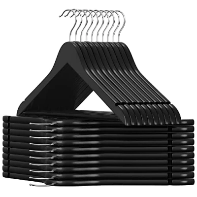 Imagen de SONGMICS Percha de Madera Maciza, Juego 20, con Ranuras para Hombros, Barra Antideslizante Pantalones, Gancho Giratorio 360, Trajes, Camisas, Abrigos, Negro y Plata CRW02B 20