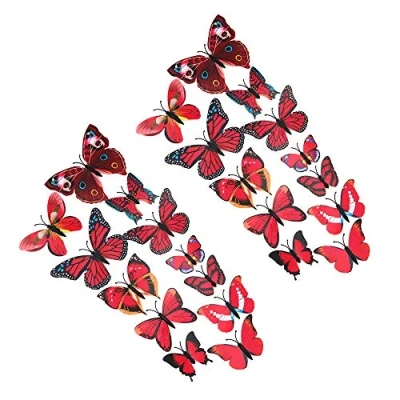 Imagen de Shiwaki 24pcs simulación 3D Tridimensional Mariposa imán Etiqueta de la Pared decoración engomada del refrigerador hogar (Rojo)