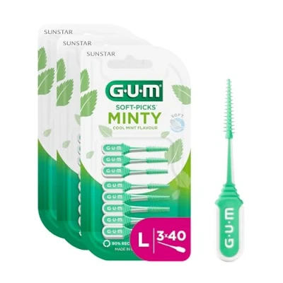 Imagen de GUM Soft Picks Comfort Flex Mint limpiadores interdentales refrescante sabor a menta, limpieza de dientes y eliminación placas, tamaño L, 3 x 40 piezas
