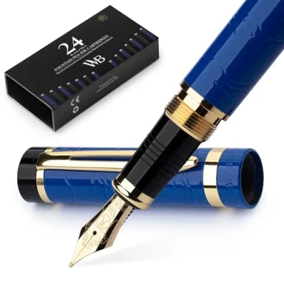 Imagen de Wordsworth &amp; Black Juego de pluma estilográfica Primori (Oro Azul) punta media con estuche regalo, 24 cartuchos tinta, convertidor recarga caligrafía