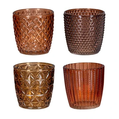 Imagen de levandeo Juego de 4 portavelas (7,5 cm alto), cristal naranja y marrón, decoración mesa, velas otoño, retro, transparentes, mesa