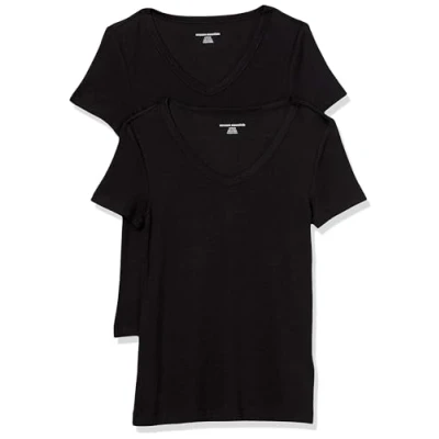 Imagen de Amazon Essentials Camiseta de Cuello en Pico Manga Corta y Ajuste Entallado Mujer, Pack 2, Negro, L