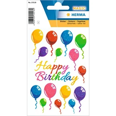 Imagen de HERMA 15518 pegatinas brillantes con texto &quot;Happy Birthday&quot;, autoadhesivas para niños, niñas o álbum de pegatinas, 16 globos niños